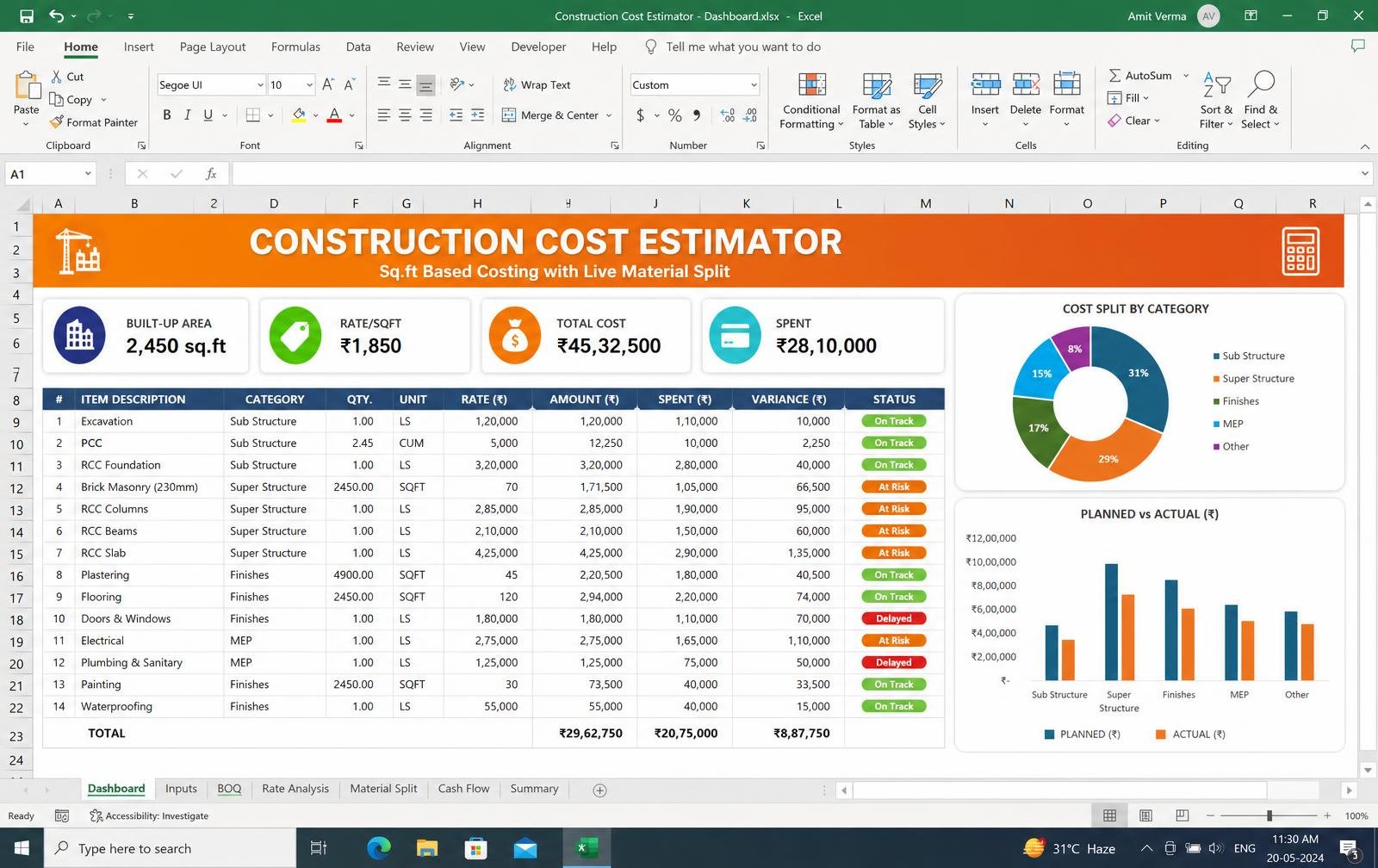 Construction Cost Estimator — Excel tool preview
