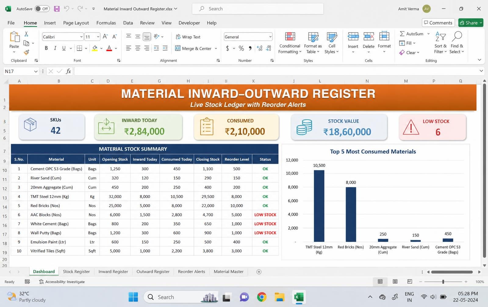 Material Inward–Outward Register — Excel tool preview