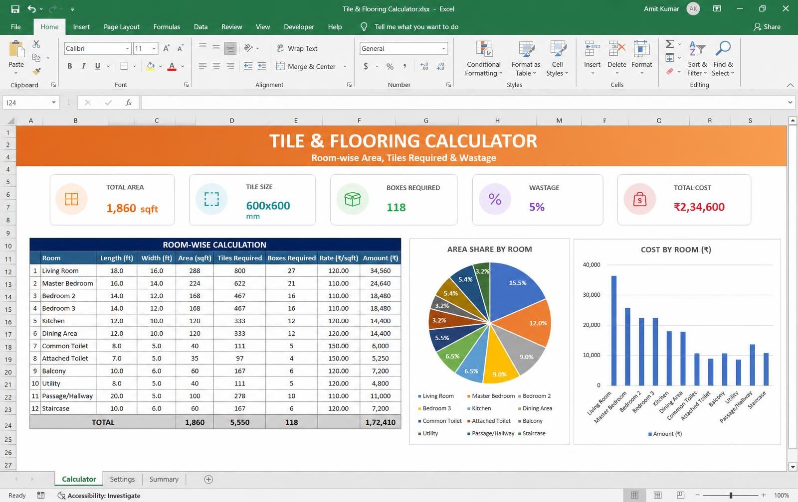Tile & Flooring Calculator — Excel tool preview