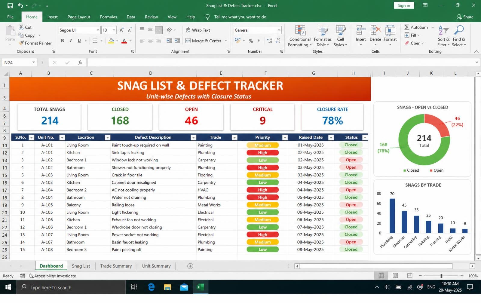 Snag List & Defect Tracker — Excel tool preview