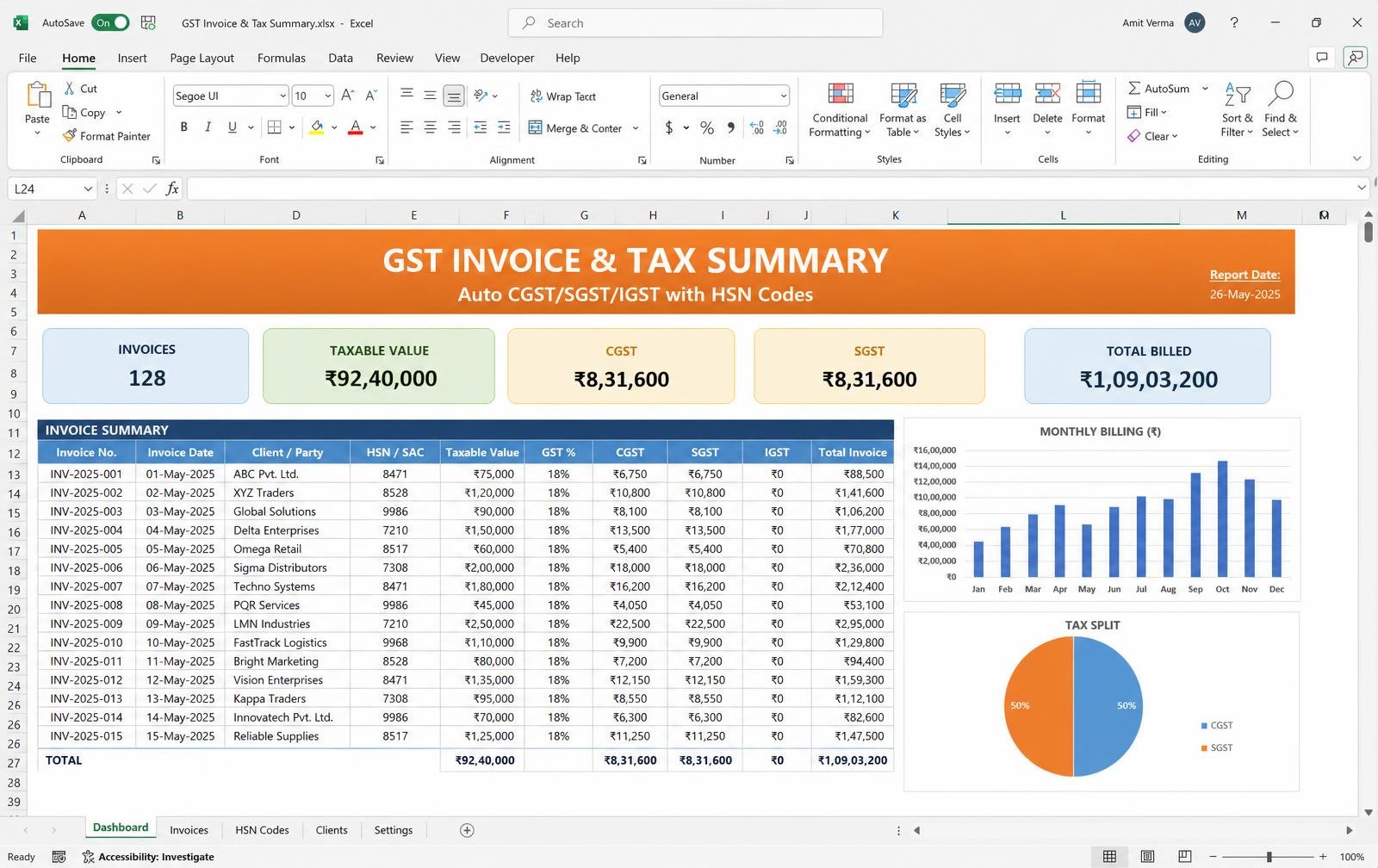 GST Invoice & Tax Summary — Excel tool preview