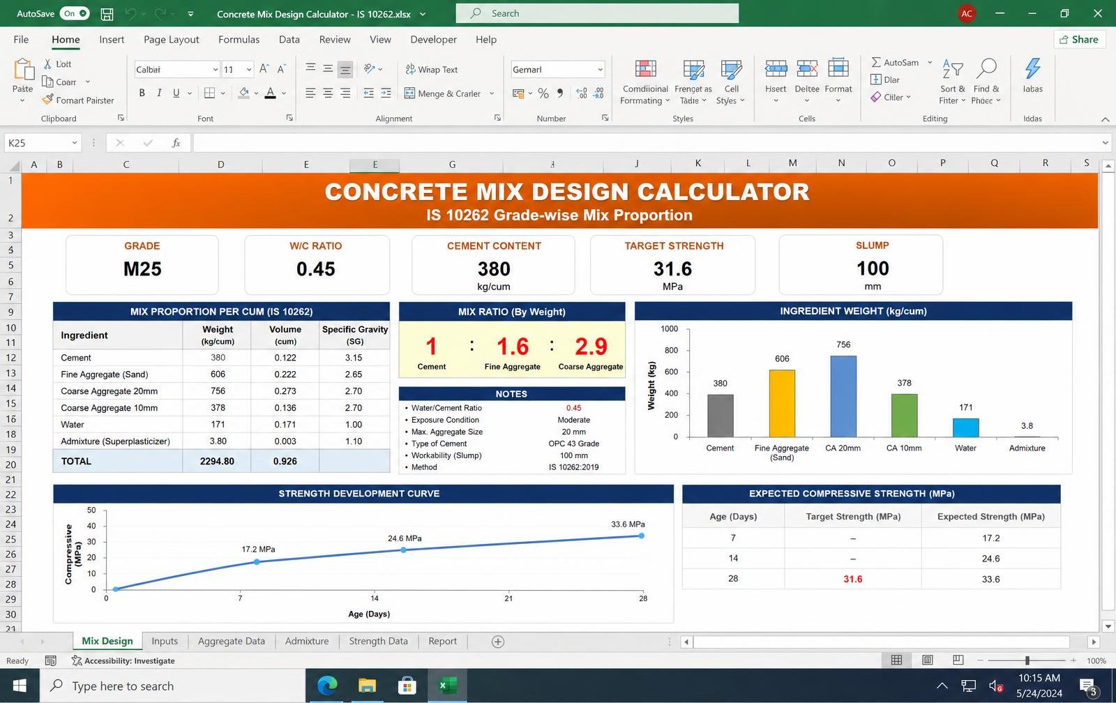 Concrete Mix Design (IS 10262) — Excel tool preview
