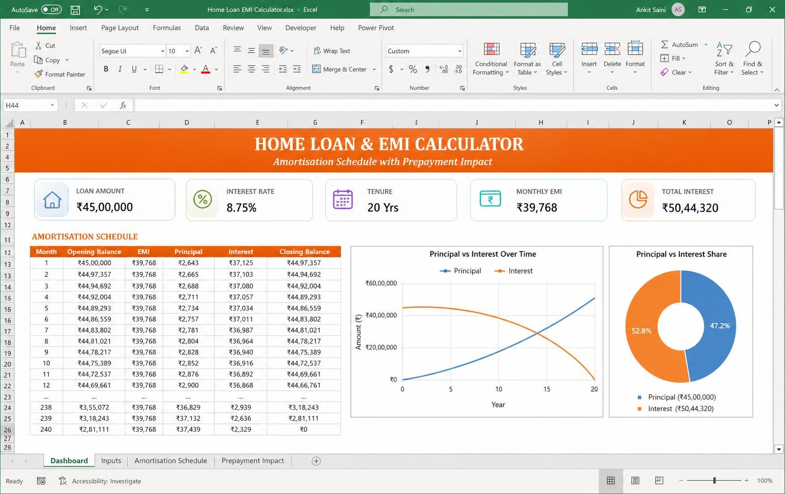Home Loan & EMI Calculator — Excel tool preview