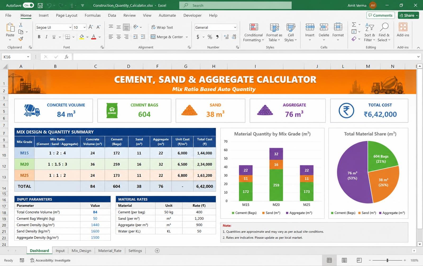 Material Quantity Calculator — Excel tool preview