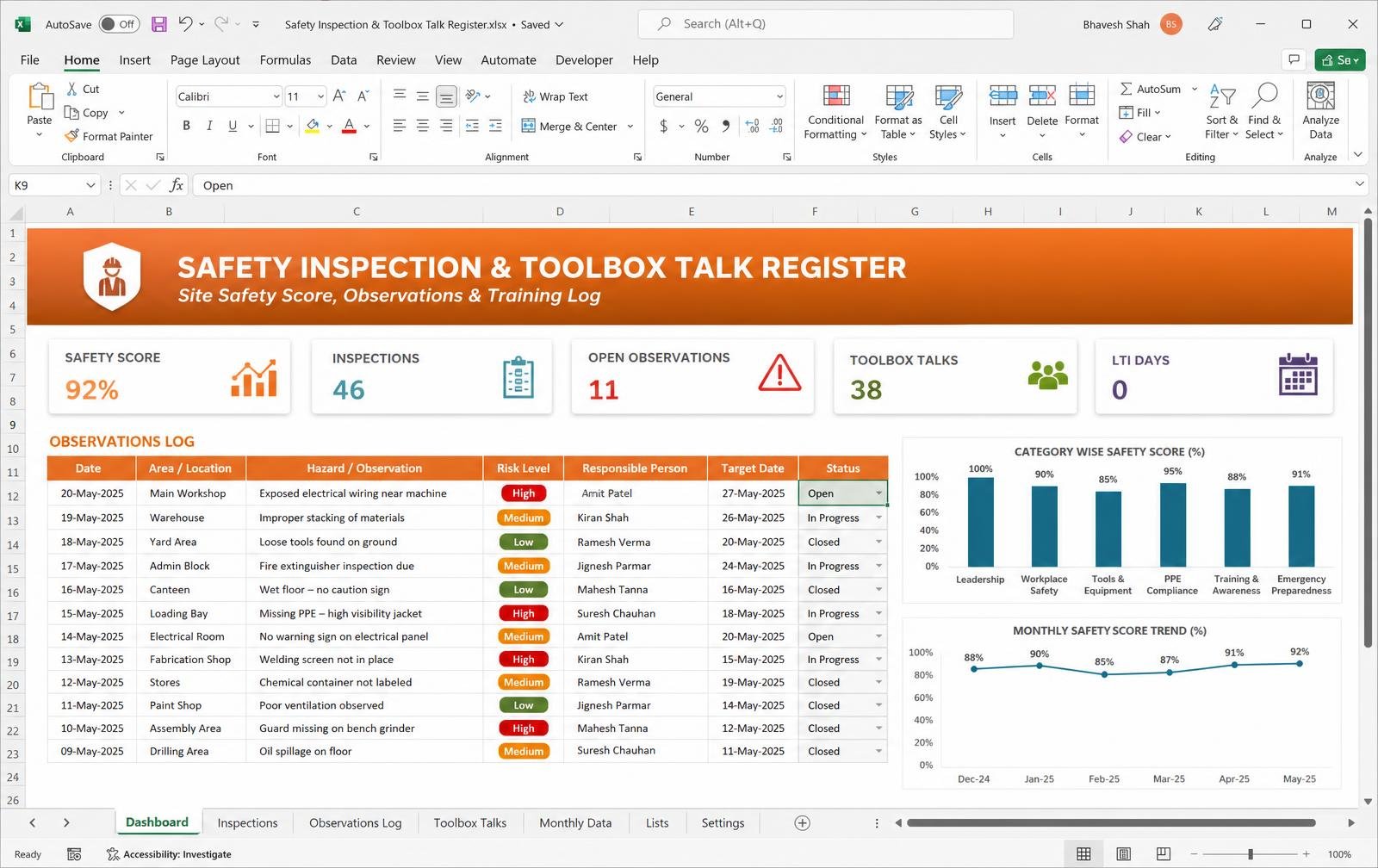 Safety Inspection Register — Excel tool preview