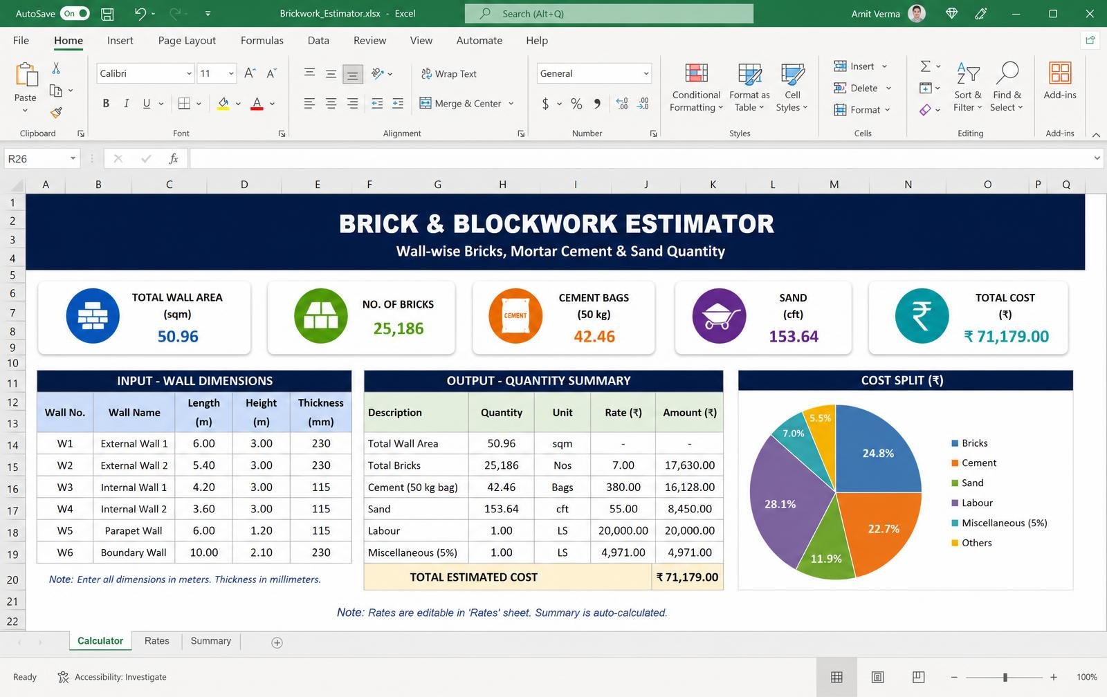 Brick & Blockwork Estimator — Excel tool preview