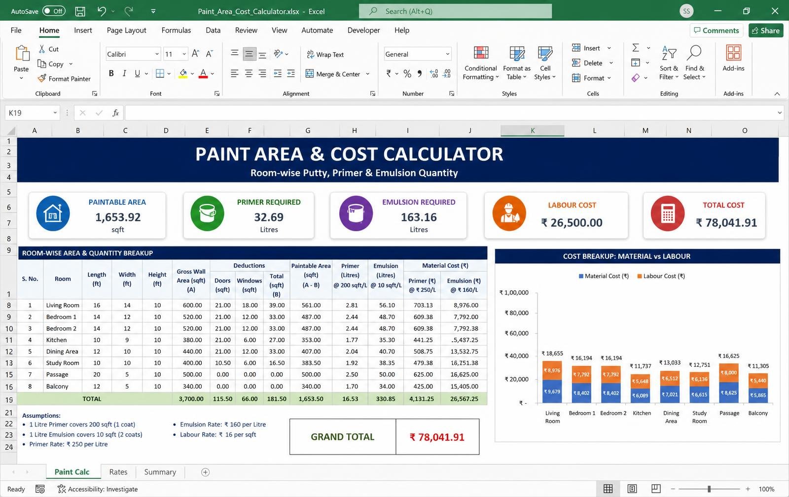 Paint Area & Cost Calculator — Excel tool preview