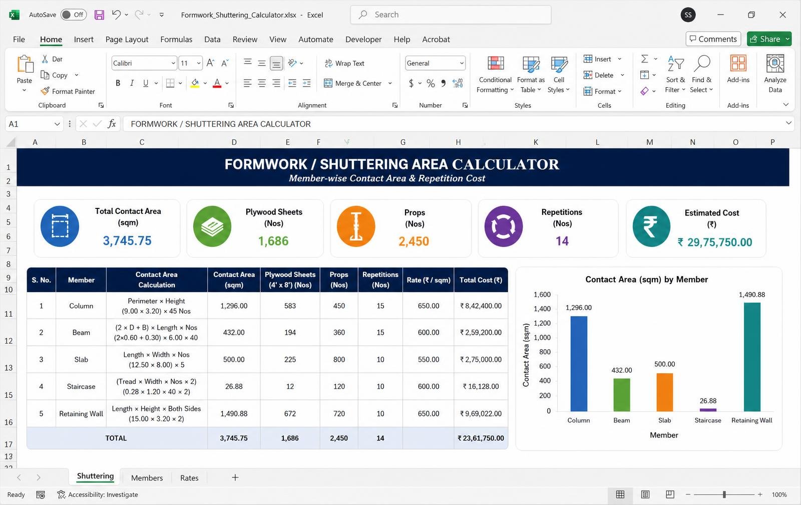 Formwork / Shuttering Calculator — Excel tool preview