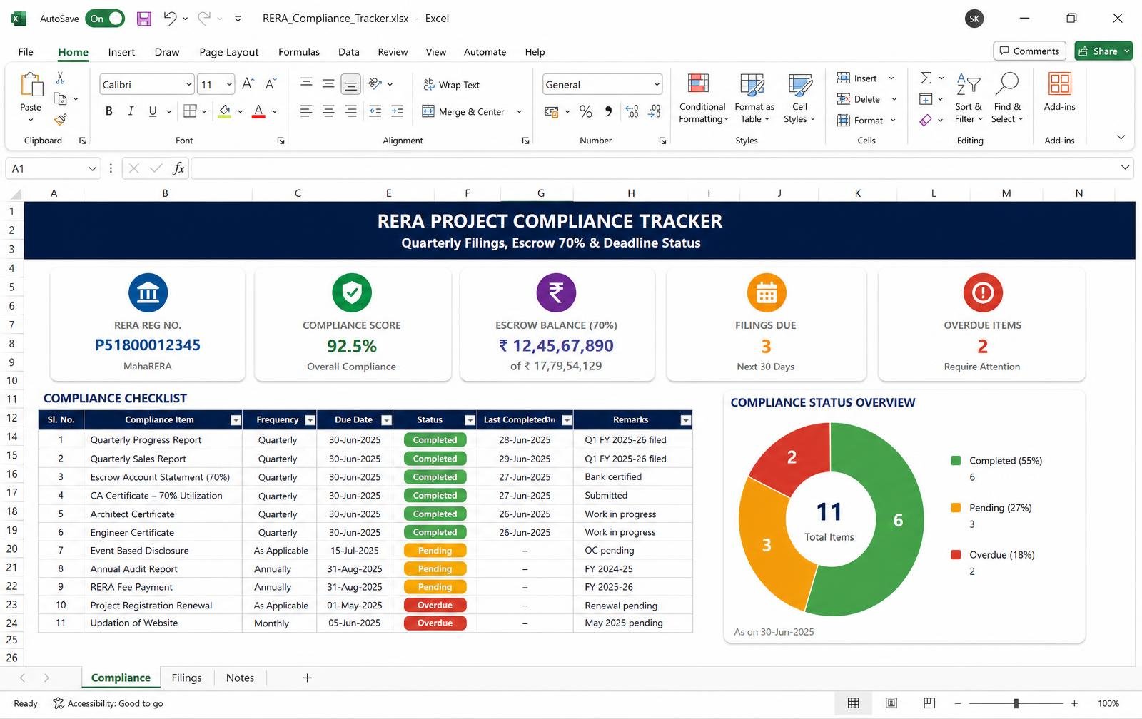 RERA Project Compliance Tracker — Excel tool preview