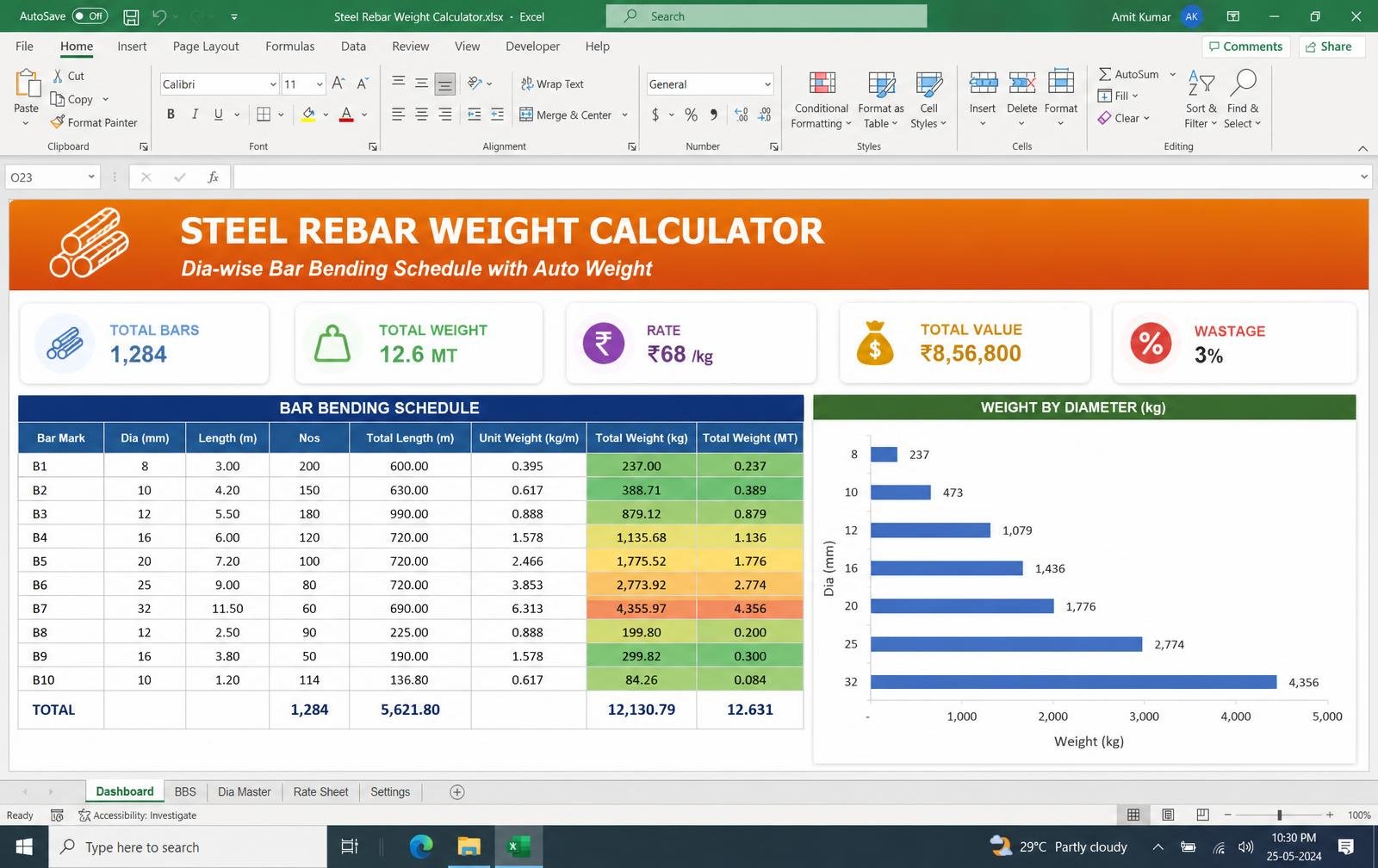 Rebar Bar Bending Schedule — Excel tool preview