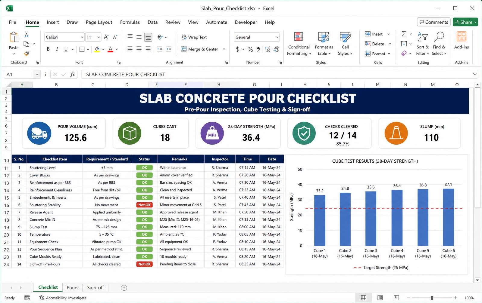 Slab Concrete Pour Checklist — Excel tool preview