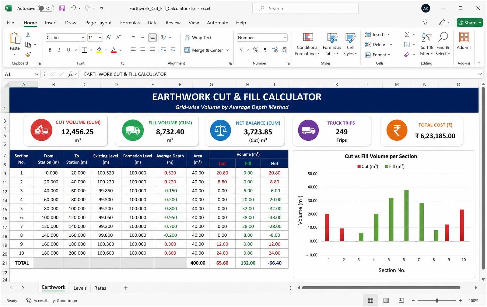 Earthwork Cut & Fill Calculator — Excel tool preview