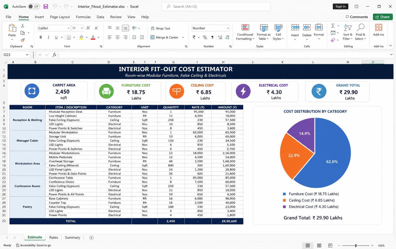 Interior Fit-Out Cost Estimator — Excel tool preview