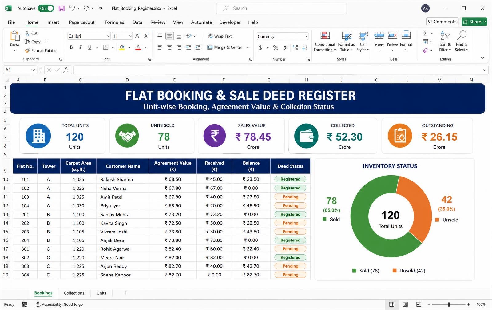 Flat Booking & Sale Deed Register — Excel tool preview