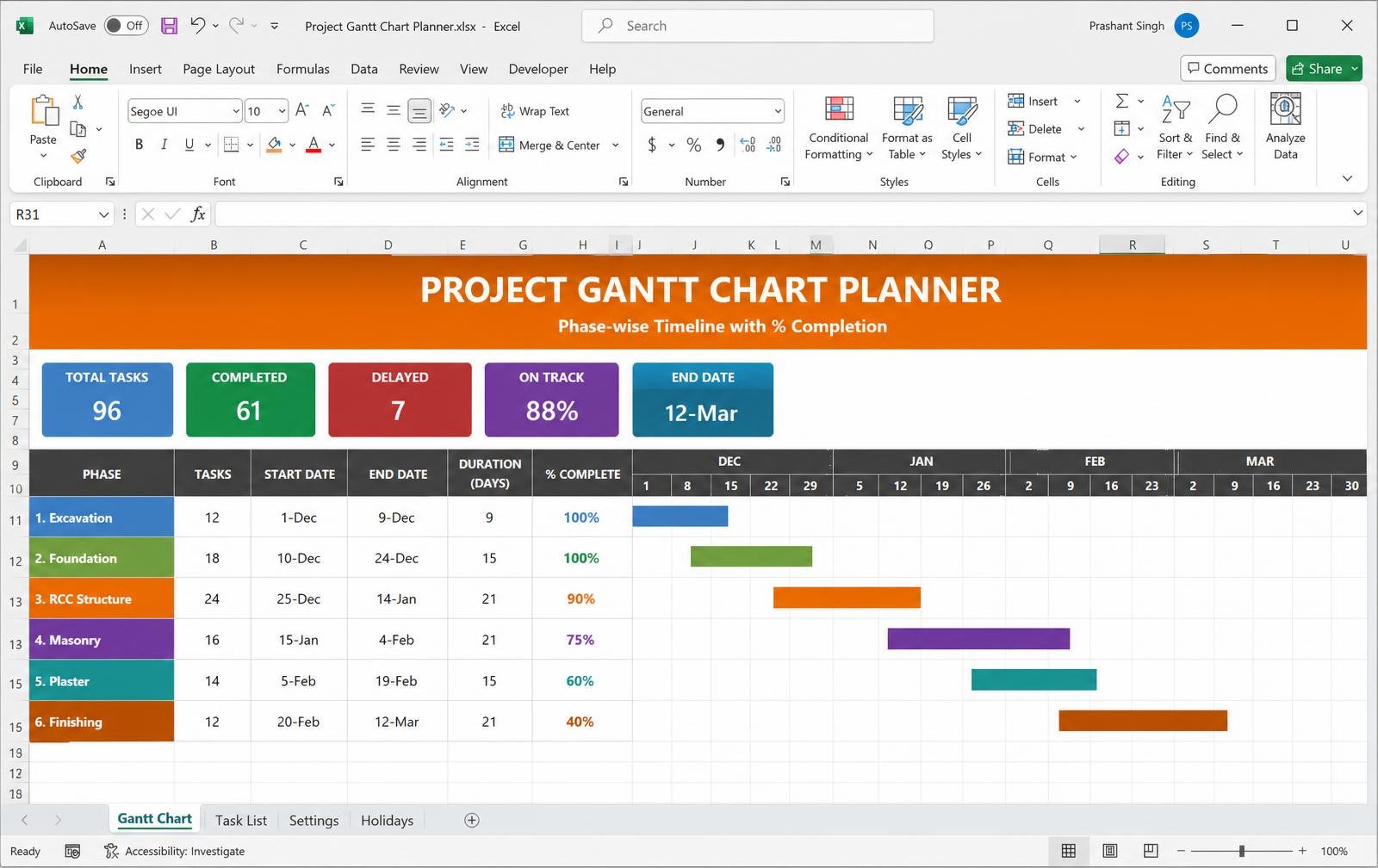 Project Gantt Chart Planner — Excel tool preview