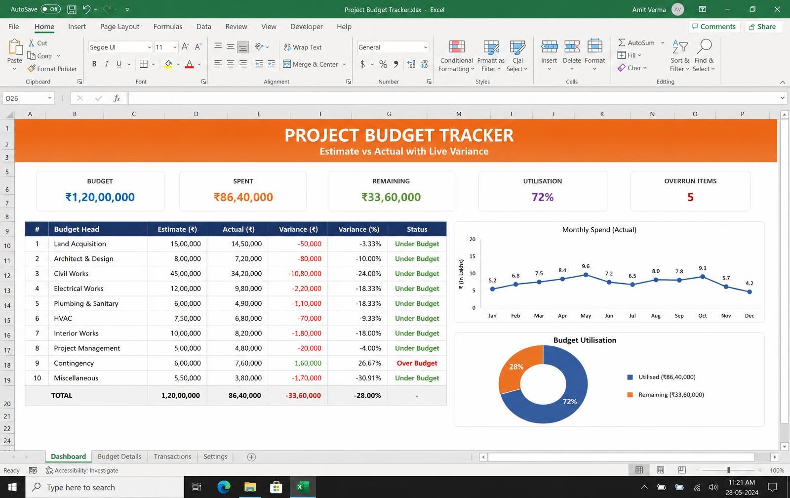 Project Budget Tracker — Excel tool preview