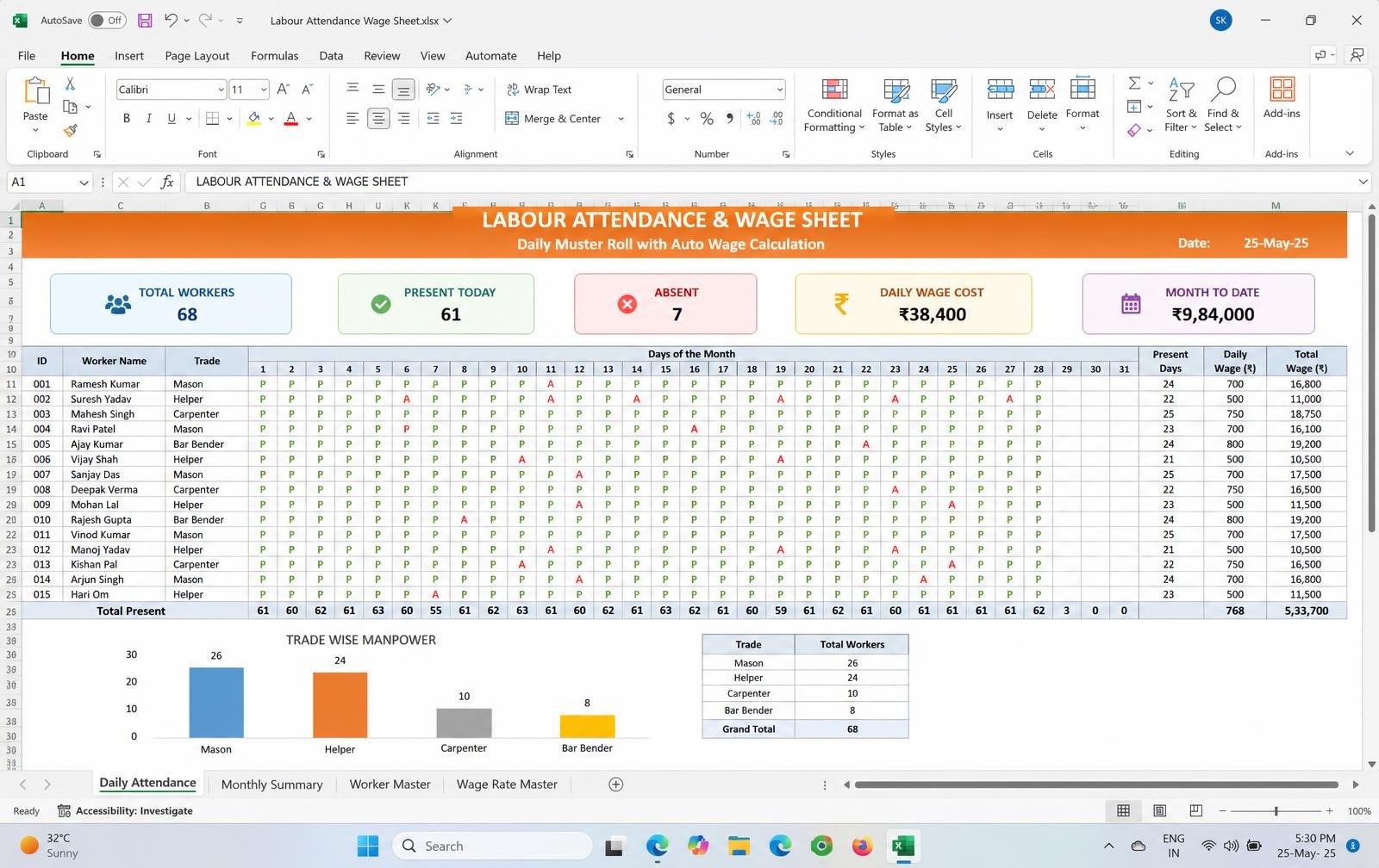Labour Attendance & Wages — Excel tool preview