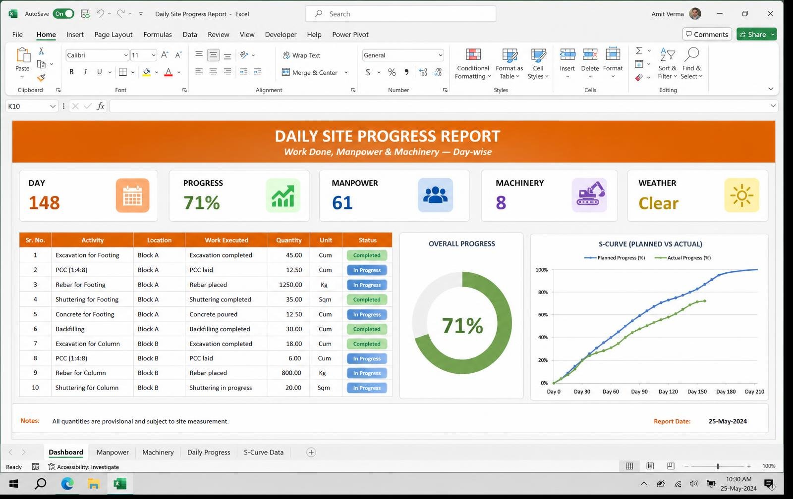 Daily Site Progress Report — Excel tool preview